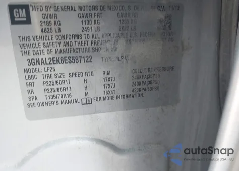 2014 Chevrolet Captiva Sport 2Ls z USA, uszkodzony, nr VIN 3GNAL2EK8ES587122